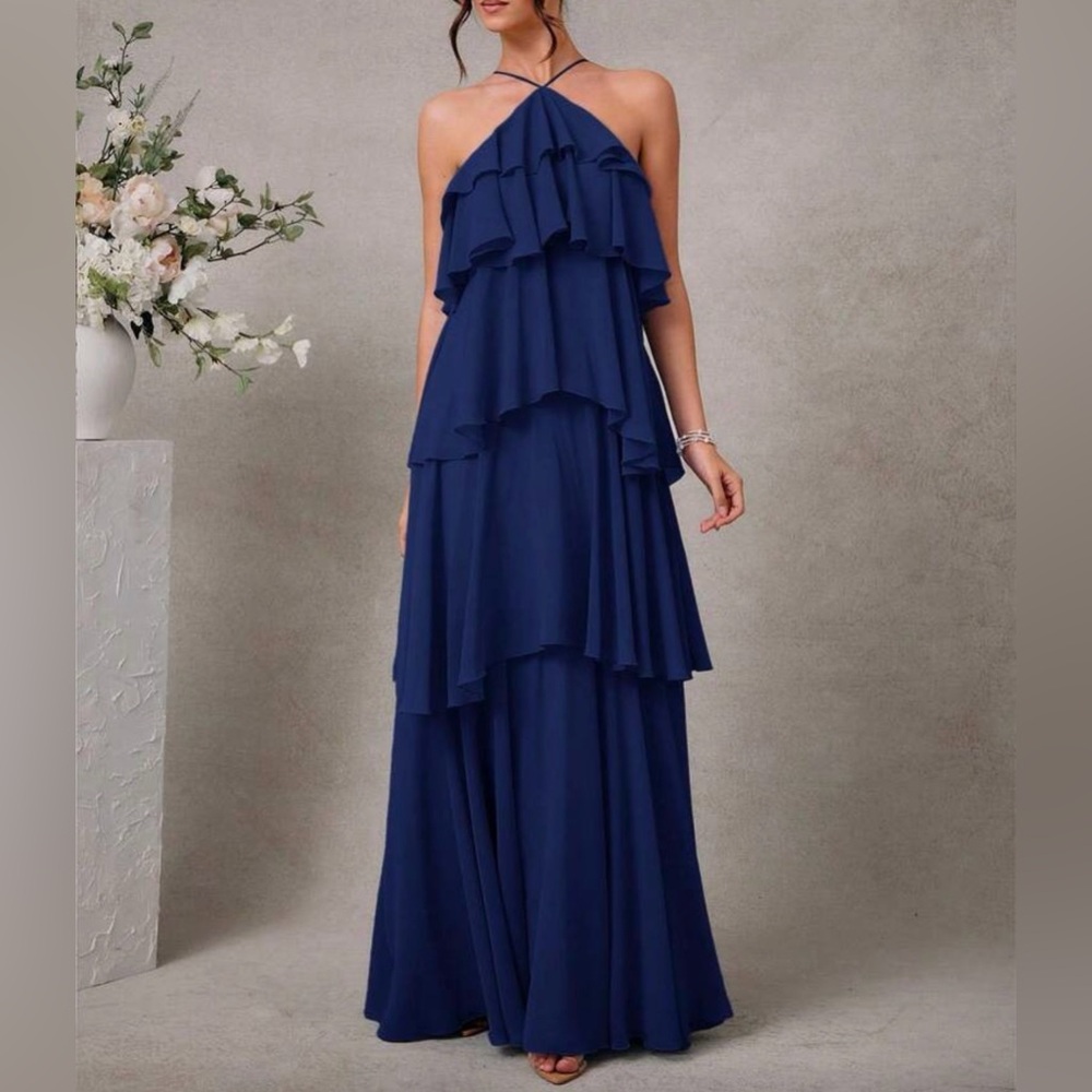 Elegant Navy Blue Halter Dress